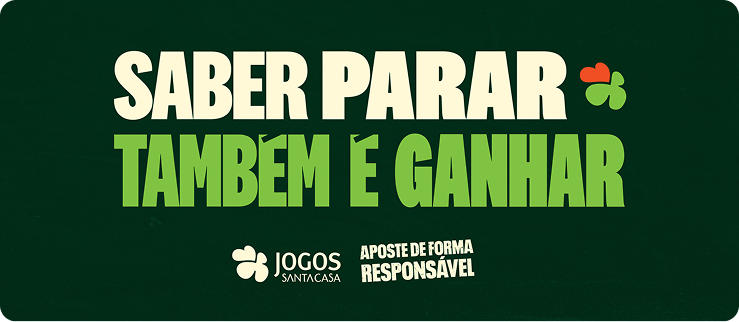 Poster da campanha Saber Parar Também é Ganhar. Com fundo a verde escuro apresenta o nome da campanha em 2 cores, apresenta o icone dos jogos santa casa e ainda uma frase que diz "aposte de forma responsável"